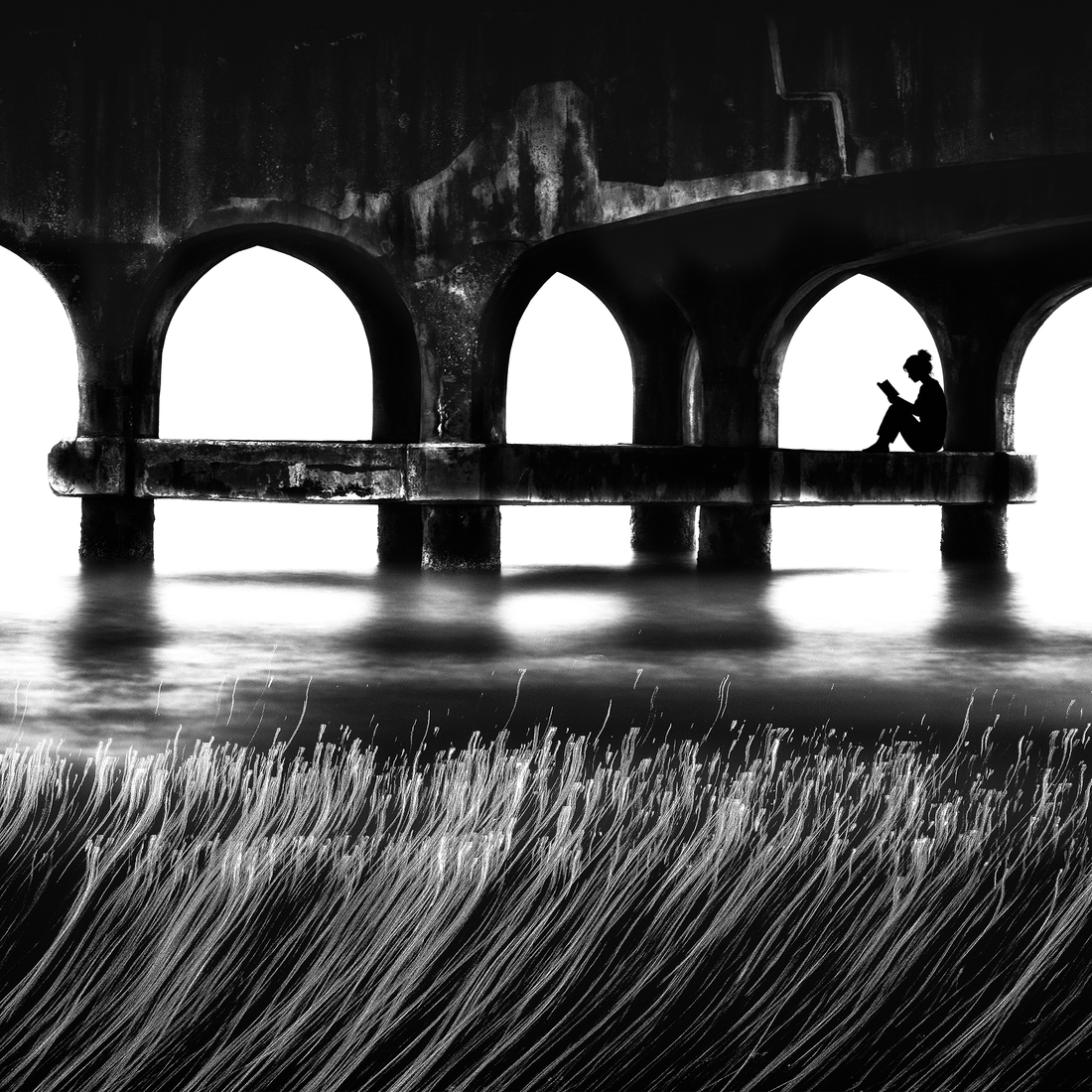 Black-and-white coastal artwork with a solitary reader beneath weathered arches, still water and sweeping foreground grasses.