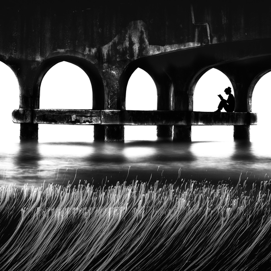 Black-and-white coastal artwork with a solitary reader beneath weathered arches, still water and sweeping foreground grasses.