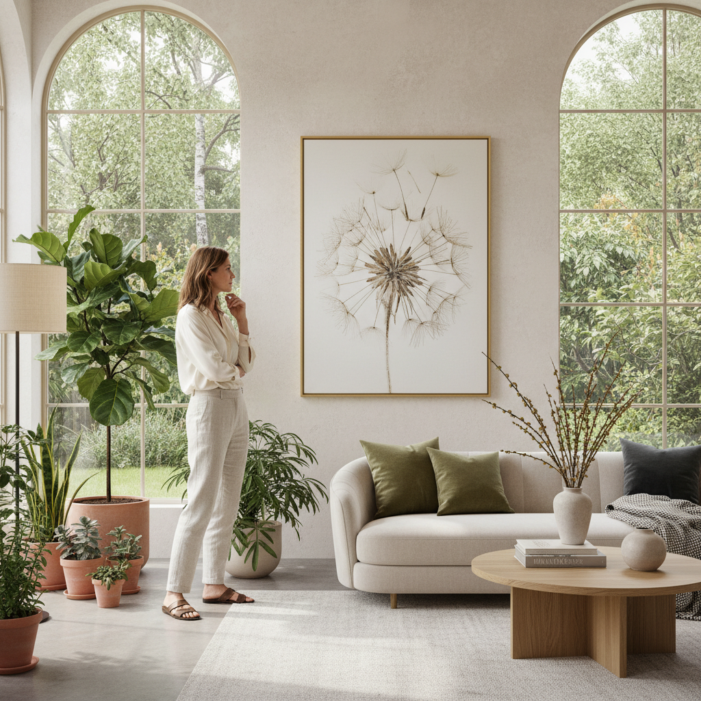 Abstract dandelion botanical art displayed in a cosy living room with neutral tones and elegant furnishings