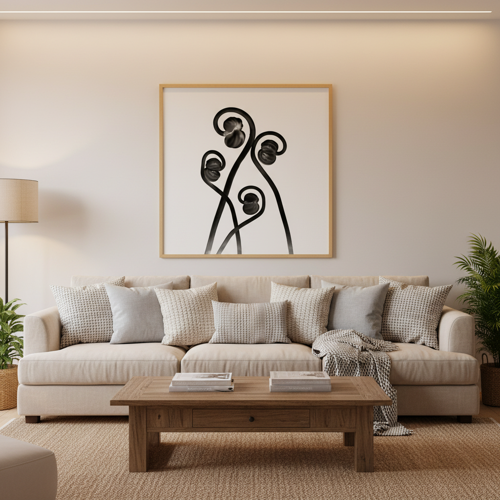Curling berry stems in cosy living room