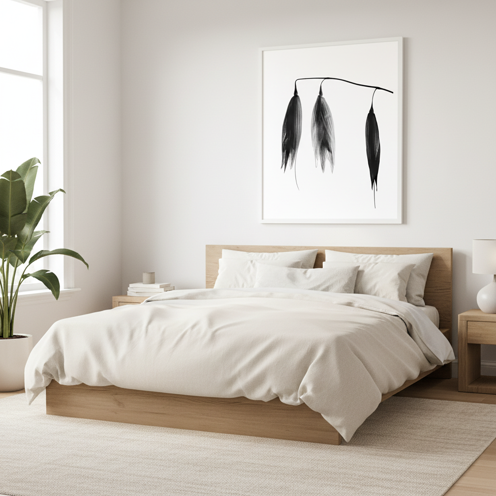 Hanging seed pods in tranquil bedroom