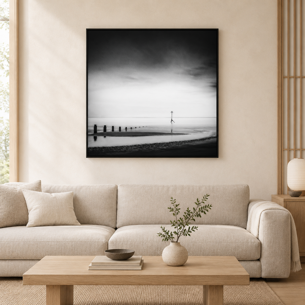 The Line framed canvas in a neutral living room