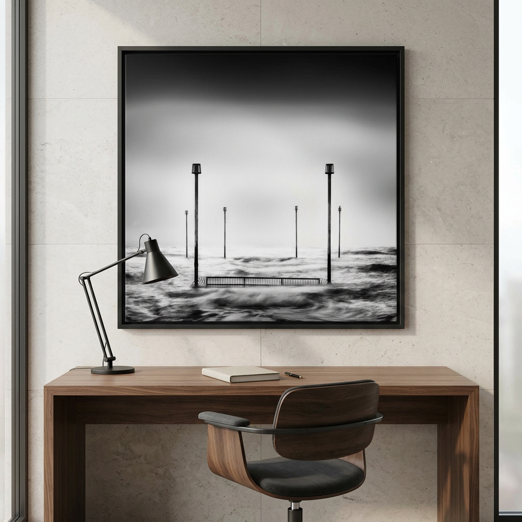 The Hold in a black frame above a walnut desk in a contemporary workspace.